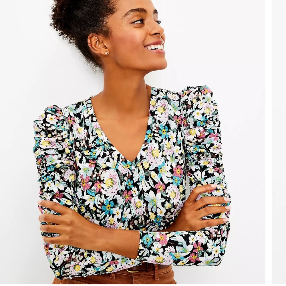 Loft Black Floral Dark Moody Shirred Long Sleeve Blouse